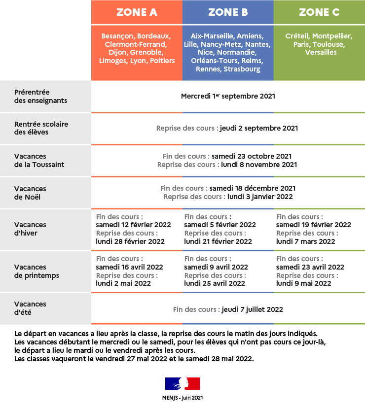 CALENDRIER DES VACANCES SCOLAIRES 2021 – 2022